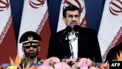 Iranian President Mahmud Ahmadinejad delivers a speech during the Army Day parade in Tehran on April 18.