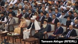 Afghan President Ashraf Ghani and senior political figures attend the opening session of the Loya Jirga on April 29.