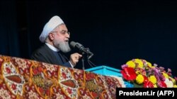 Iranian President Hassan Rouhani gives a public speech during a trip to the northern Iranian city of Shahroud, December 4, 2018