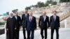 Russian President Vladimir Putin, second from right, Kazakhstan President Nursultan Nazarbayev, center, Turkmenistan President Gurbanguly Berdimuhamedow, right, President of Azerbaijan Ilham Aliyev, third from left, and Iranian President Hassan Rouhani, August 2018.