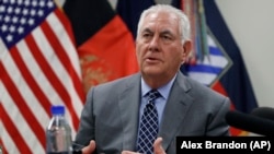 U.S. Secretary of State Rex Tillerson speaks to the media at Bagram Airfield on October 23.