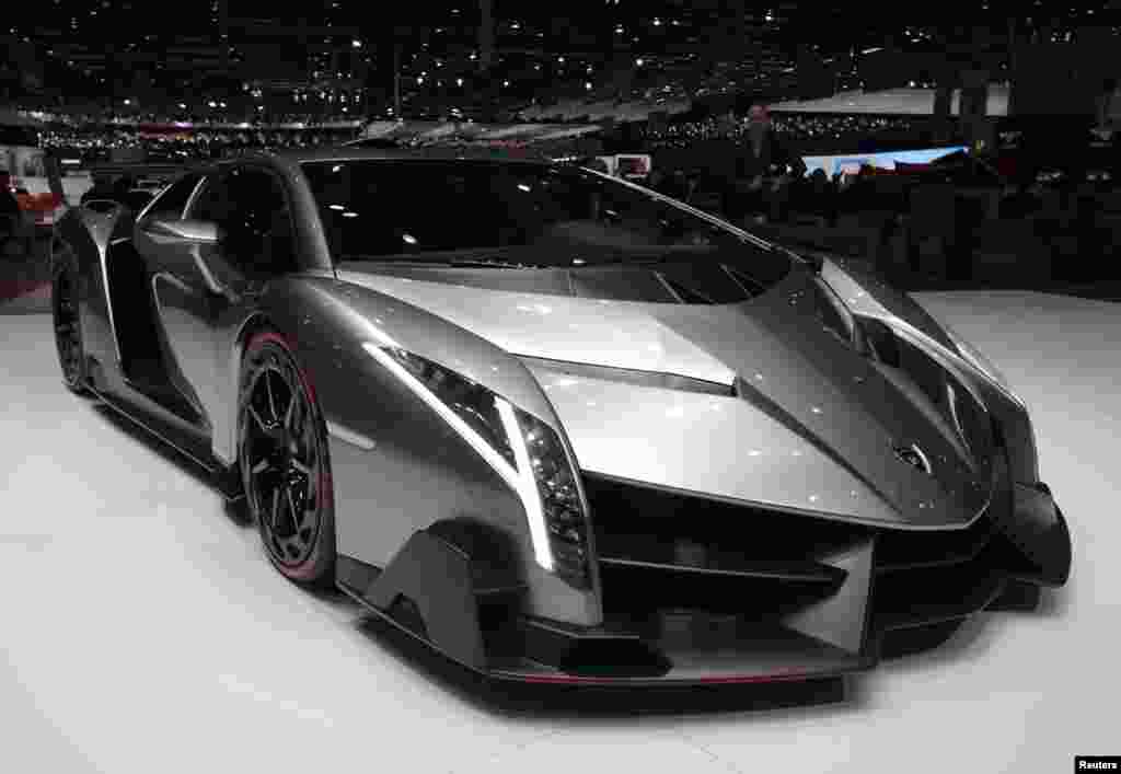 The $4 million Veneno on display at the Lamborghini booth at the 83rd Geneva Car Show in Switzerland. The company will produce just three of these cars. (Reuters/Denis Balibouse)