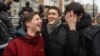 Yegor Zhukov (center) among his jubilant supporters after his release on a suspended sentence on December 6 in Moscow.