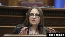 Armenia - Opposition deputy Kristine Vardanian addresses the Armenian parliament.