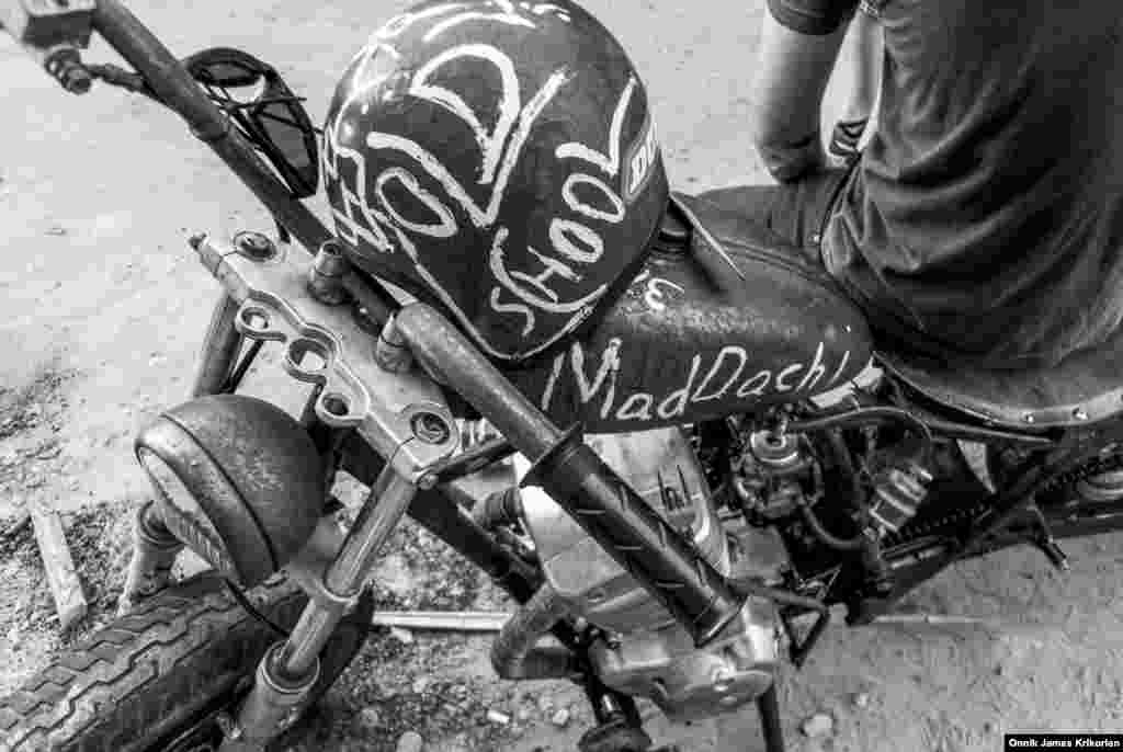 This motorcycle is nicknamed ‘Frankenstein’ and belongs to 'Mad Dachi' Gachechiladze. It is a so-called 'rat bike' and is made with spare parts cannibalized from other motorcycles.