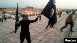 مسلح يرفع علم تنظيم (داعش) في الموصل 