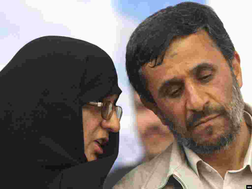 President Ahmadinejad and his wife at a campaign rally in Tehran on June 2