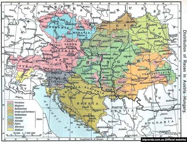 Етнічна мапа Австро-Угорської монархії з американського атласу 1911 року. Українці позначені як рутени (Ruthenians), світло-зелена частина карти