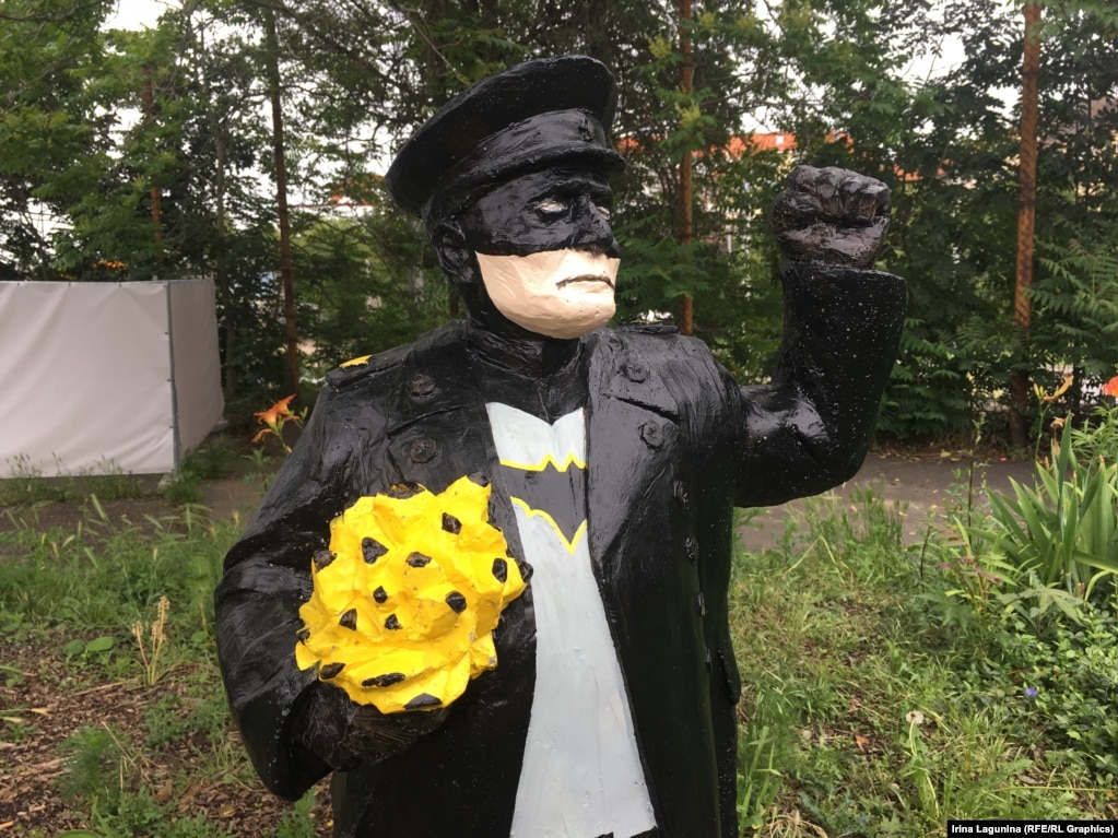 The "little Konev" statues -- such as this one painted to resemble Batman -- are placed along the street in Prague named after Marshal Konev: Konevova.