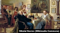 Продаж дворової на картині художника Миколи Неврева «Торг. Сцена із кріпосного побуту» (1866 рік)