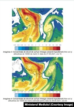 Estimările privind concentrațiile de dioxid de sulf de deasupra României pentru zilele de 27 și 28 septembrie