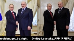 Зьлева Аляксандар Лукашэнка на фота з president.gov.by, справа на фота Дзьмітрыя Лавецкага для AFP