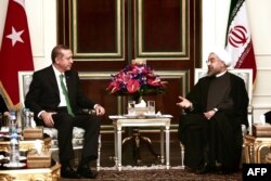 Iran -- İran prezidenti Hassan Rohani Türkiyənin baş naziri Recep Tayyip Erdoganı (solda) qəbul edir, Tahran, 29 yanvar, 2014