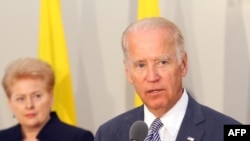 Lithuanian President Dalia Grybauskaite (left) and U.S. Vice President Joe Biden addressing a joint press conference after the their meeting in Riga on August 23.