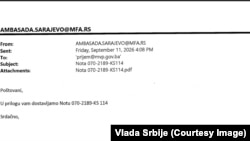 Datum kada je nota sa zahtjevom o preletu, prema tvrdnjama Vlade Srbije, upućena u Ministarstvo vanjskih poslova Bosne i Hercegovine.