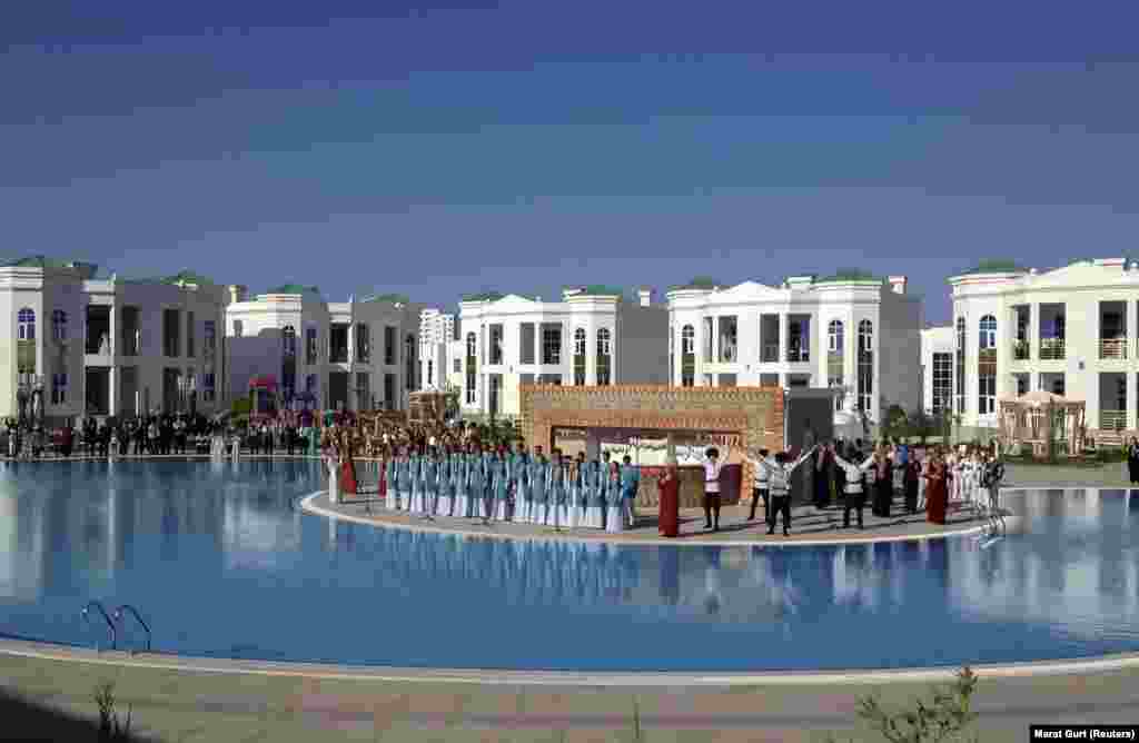 Artists perform during the opening ceremony of a hotel, which is part of the Avaza resort, on Turkmenistan's Caspian coast. (Reuters/Marat Gurt)