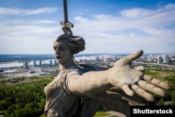 Volgograd, Russia. Close aerial view of the monument "The Motherland calls" on the top of the Mamaev Hill.