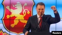 VMRO-DPMNE leader Nikola Gruevski addresses the media in Skopje following last month's elections.