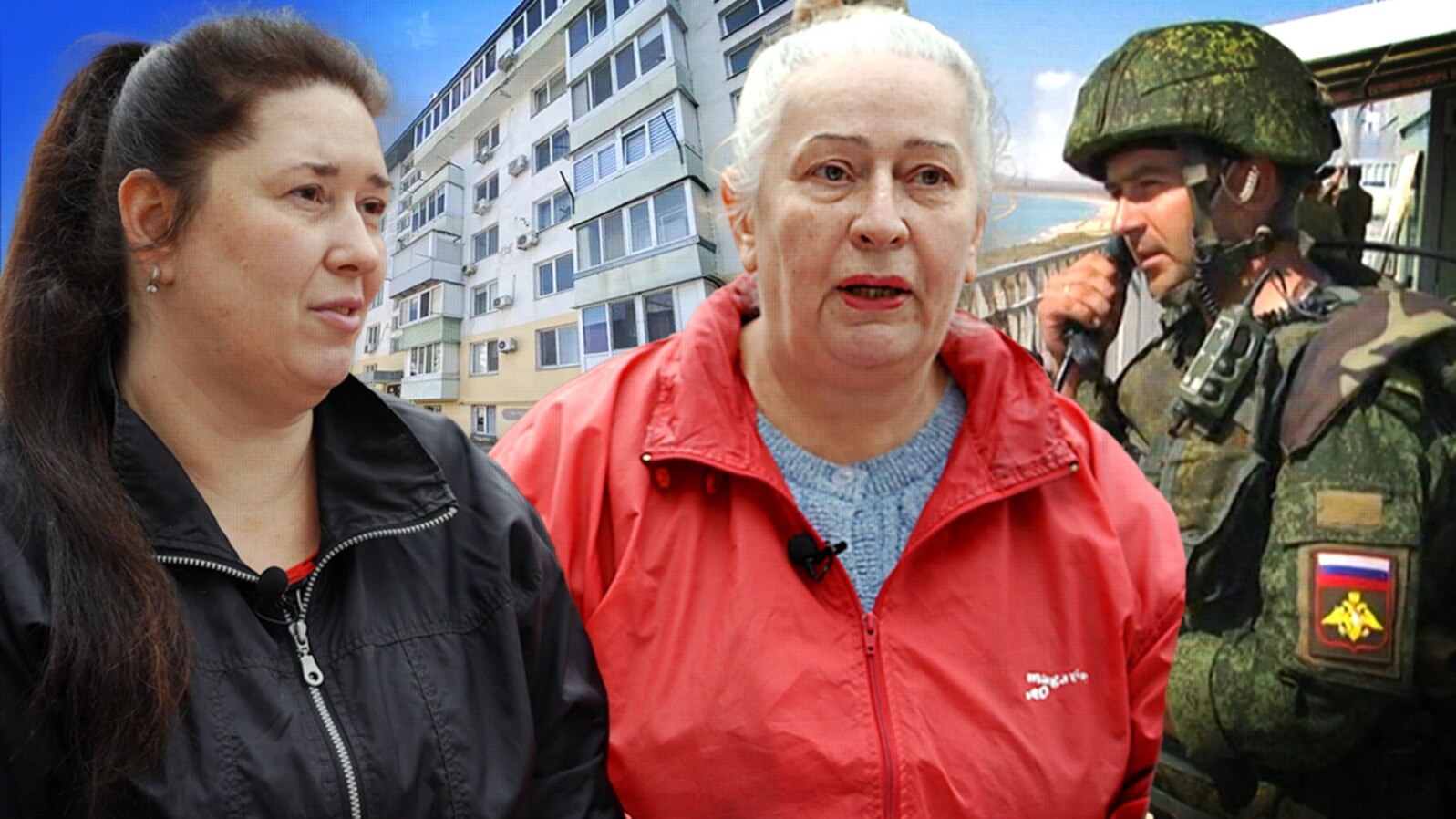 Фотоколаж: Олена та Світлана Колісниченко, власниці нерухомості в Криму, їхній будинок та російський військовослужбовець