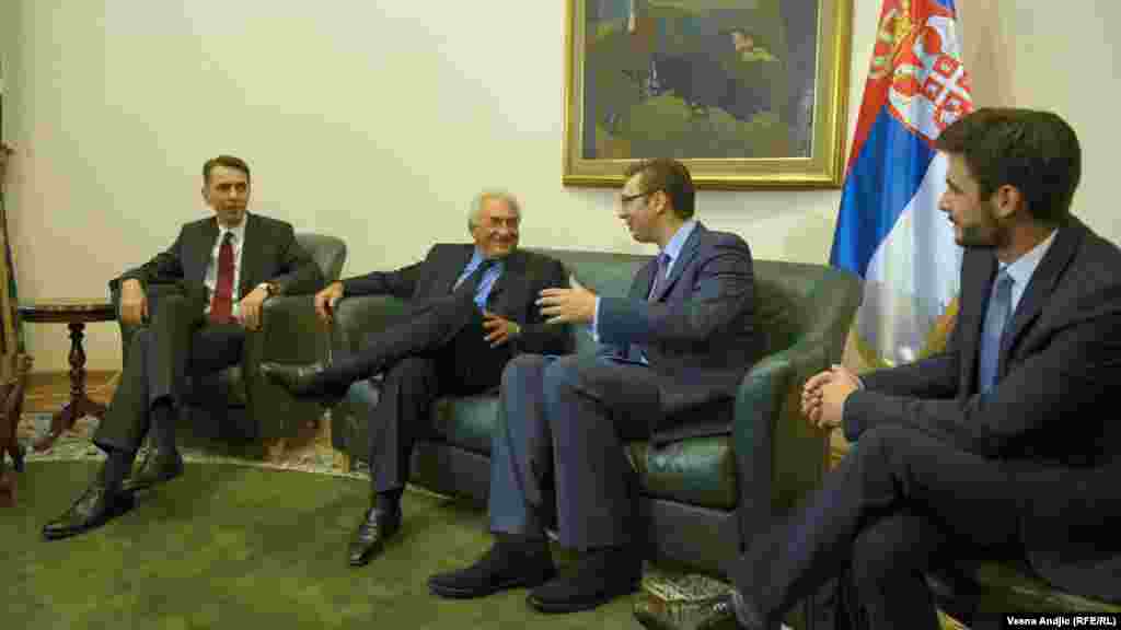 Serbia -- Former International Monetary Fund (IMF) chief Dominique Strauss-Kahn in Belgrade at the meeting in with Serbian Vice Prime minister Aleksandar Vucic and minister of economy Lazar Krstic, September 17, 2013