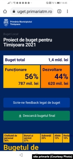 Bugetul pe site-ul primăriei Timișoara