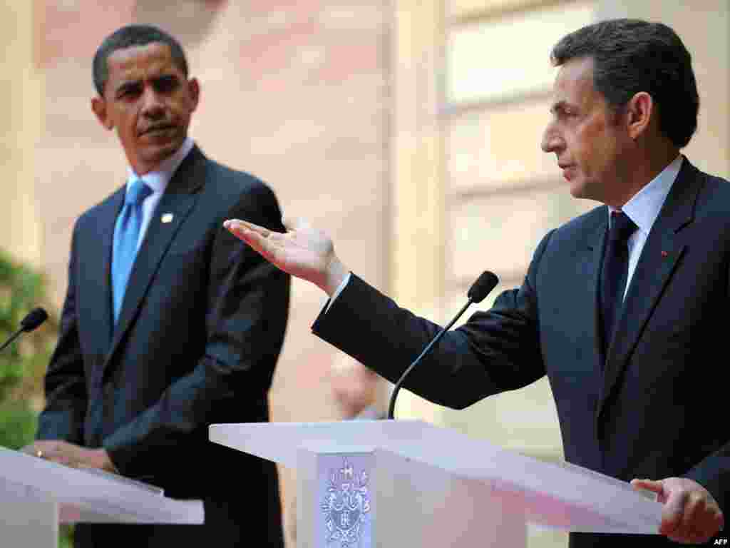 French President Nicolas Sarkozy with Obama at a joint press conference in Strasbourg on April 3. - France's leader said his country "completely support the new American strategy in Afghanistan," but he also resisted U.S. encouragement to send more troops to help the NATO mission there.