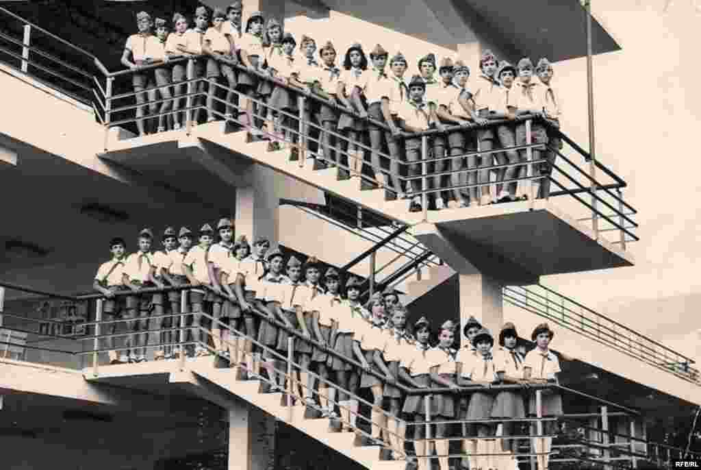 Young Pioneers line up for a group portrait. Because of the warm climate, Artek operated year-round. At its peak it hosted 27,000 children a year. 
