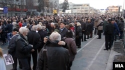 Protesters march in Skopje on February 27.