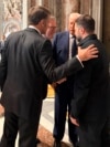 Ukrainian President Volodymyr Zelenskyy, (right) huddles with US President Donald Trump (second right) French President Emmanuel Macron (left), and British Prime Minister Keir Starmer at the funeral of Pope Francis at the Vatican on April 26.