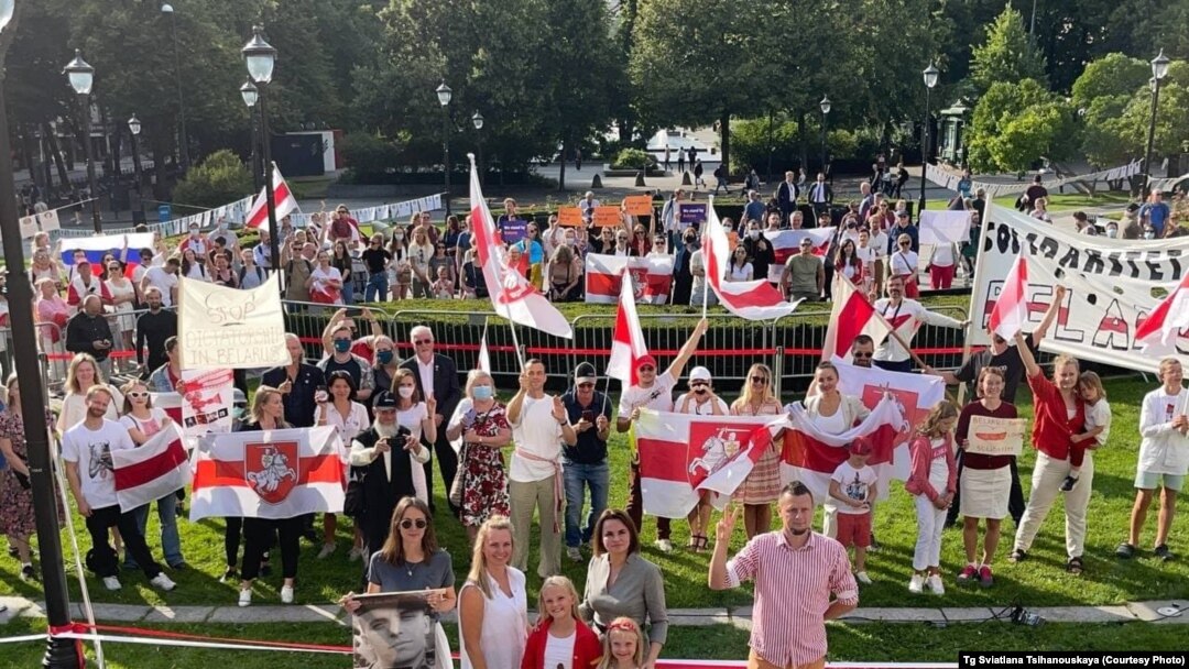 Protest în Norvegia în sprijinul opoziției din Belarus, la care a participat și lidera opoziției Svetlana Țihanovskaia, 12 august 2021.