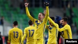 Қазақстан құрамасының ойыншылары жеңіске жеткен сәт. Будапешт. 23 наурыз 2018 жыл.