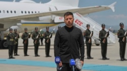 Ukrainian President Volodymyr Zelenskyy talks to journalists at Esenboga airport in Ankara on May 15.