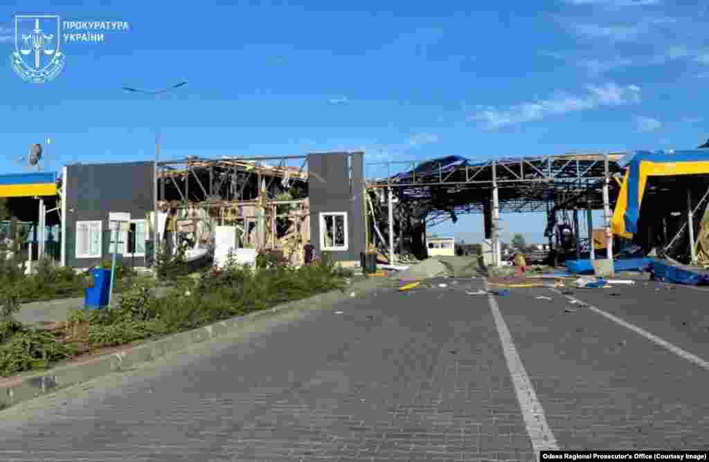 Ukraine’s Orlivka border checkpoint seen after a drone strike on September 1. The border post leads to a vehicle ferry that connects Romania and Ukraine across the Danube River. The site was reportedly struck again on September 6.