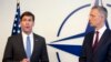 Acting U.S. Secretary for Defense Mark Esper, left, speaks during a press point with NATO Secretary-General Jens Stoltenberg prior to a meeting of NATO defense ministers at NATO headquarters in Brussels, June 26, 2019