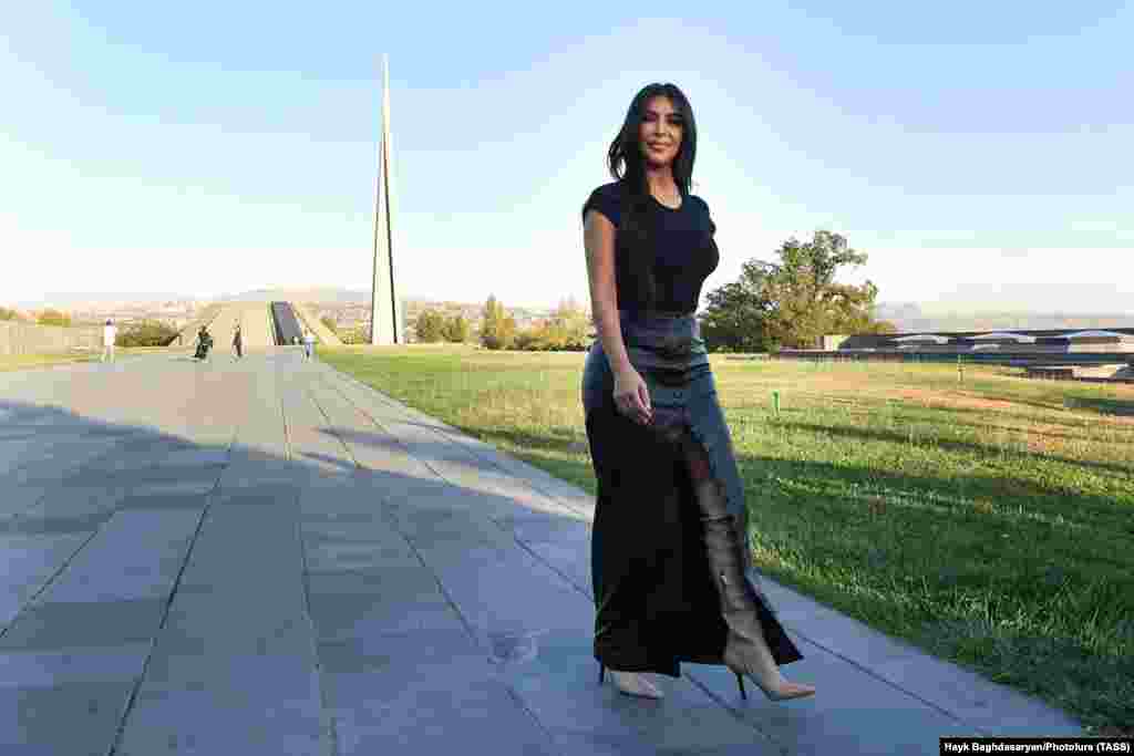 Kim at the Armenian Genocide Memorial outside of Yerevan on October 8, where the Kardashians paid their respects to the Armenians killed by Ottoman Turks starting in 1915.