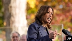 Democratic presidential nominee Vice President Kamala Harris speaks at a campaign event at Washington Crossing Historic Park, Wednesday, October 16, 2024.