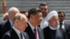 Vlagyimir Putyin orosz, Hszi Csin-ping kínai és Haszan Róháni iráni elnök Biskekben, 2019. június 14-én