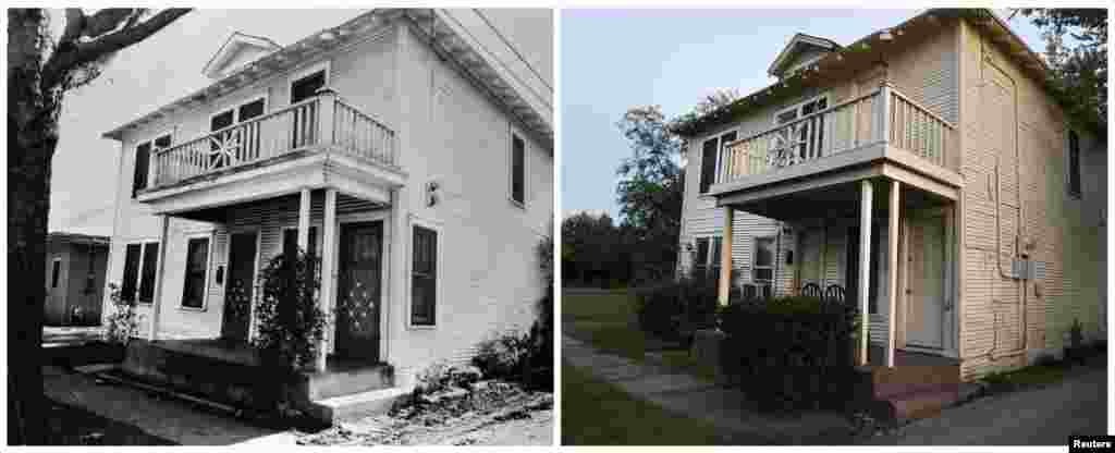 Left photo: The former residence of Lee Harvey Oswald at 214 West Neely Street in the Oak Cliff neighborhood of Dallas, Texas, in 1963. Right: The same site on November 12, 2013. 