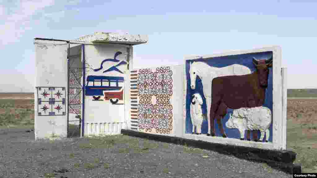 In Kazakhstan, many bus stops are decorated with murals, often pastoral scenes.