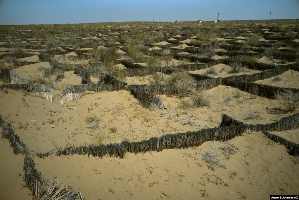 Fences built to contain sand alongside the highway between Bukhara and Khiva.