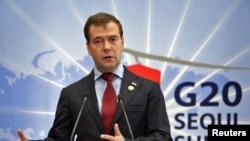 Russian President Dmitry Medvedev speaks at a news conference during the G20 summit in Seoul today.