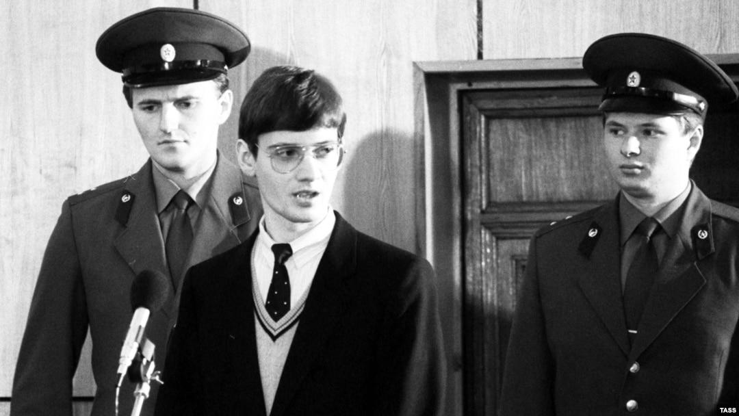 German amateur aviator Matthias Rust stands trial for illegally landing near Red Square in Moscow in 1987.
