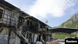 A burned-out Kosovo police border post, which was attacked by members of the region's Serbian minority last week. 