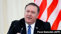 U.S. Secretary of State Mike Pompeo speaks at a joint press conference with Russian Foreign Minister following their talks in Sochi, May 14, 2019.