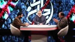 IRIB's controversial commentators Mohammad Sadegh Koushki (R) and Nader Talebzadeh (C), in an episode of the "Jahan Ara" program, produced by IRIB's Ofogh TV.