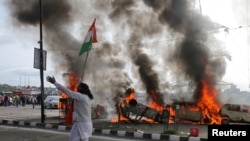 A demonstrator at a protest against the attack on a bus that killed 44 Central Reserve Police Force (CRPF) personnel in south Kashmir on February 15.