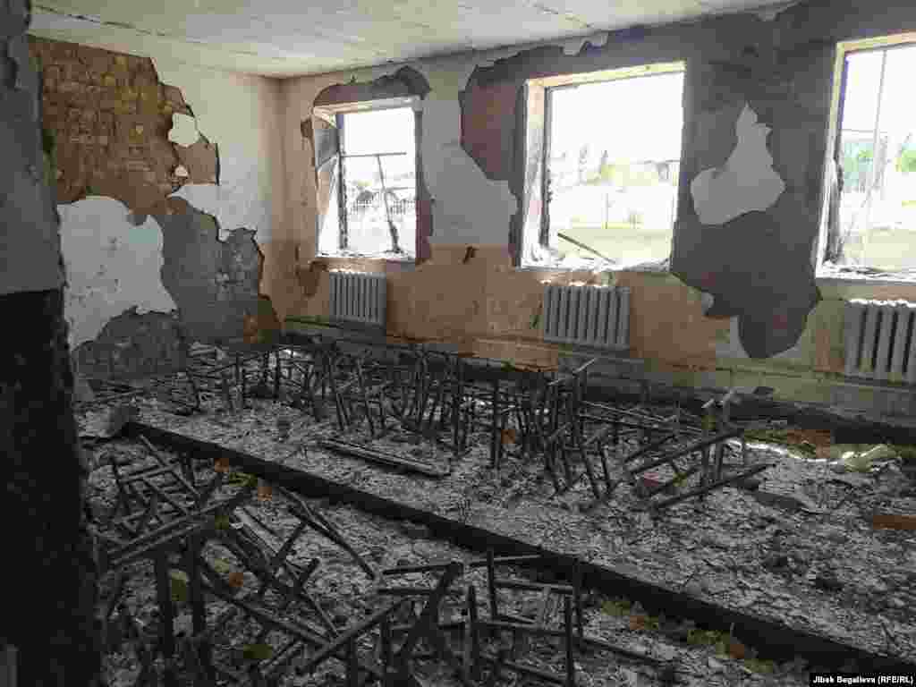 The charred remains of a classroom in a school in the Kyrgyz village of Maksat.