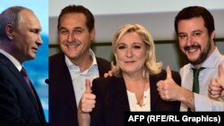 Montaj grafic cu liderii marilor partide eurosceptice din UE (Heinz Christian Strache din Austria, Marine Le Pen din Franța și Matteo Salvini din Italia) și sprijinitorul lor din umbră, Vladimir Putin