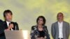 Armenia -- Canadian-Armenian director Atom Egoyan (L) and Italian actress Claudia Cardinale open the annual Golden Apricot film festival in Yerevan, 11July 2010.