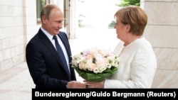 Russian President Vladimir Putin welcomes German Chancellor Angela Merkel in Sochi on May 18.